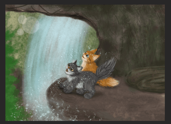 powell cat and friend at a waterfall